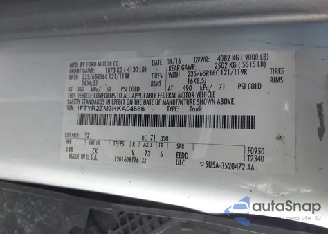 2017 Ford Transit-250 из США, поврежденный, VIN 1FTYR2ZM3HKA04666